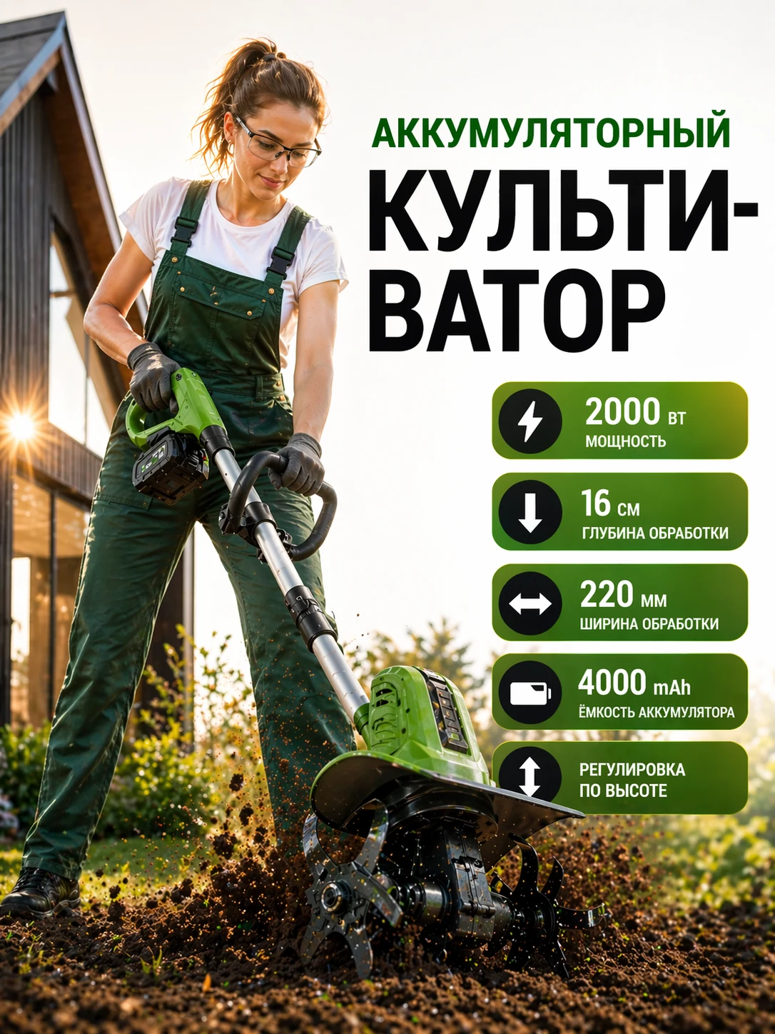 Аккумуляторный культиватор на грядке